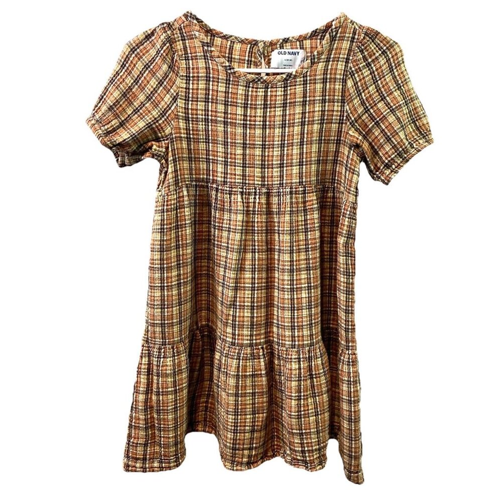 Old Navy Girls Dress 100% Cotton Brown Plaid Tiered SS Modest Boho Sz 10-12